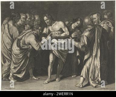 Credendo che Tommaso tocchi la ferita di Cristo, Cornelis van Dalen (i), dopo Wouter Pietersz II Crabeth, 1612 - 1665 stampa Cristo mostra Tommaso le sue ferite dopo la crocifissione alla presenza degli altri apostoli. Incisione su carta di Tommaso che tocca o tende le mani per toccare la ferita del fianco di Cristo, a volte Cristo guida la mano di Tommaso Foto Stock