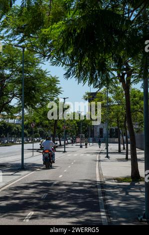 Una pista ciclabile isolata che corre tra alberi di vegetazione verde sul grande marciapiede nord dello stadio Maracana, vicino a Rei Pele avenue. Foto Stock
