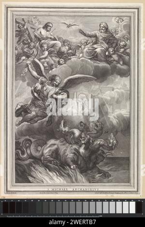 Arcangelo Michaël, Nicolo Billy, dopo Pietro da Cortona, 1637 - 1691 stampa l'Arcangelo Michaël in lotta con un drago di sei membri. In cima alle nuvole, Cristo e Dio sono il padre, circondati da Putti. Al centro sopra lo Spirito Santo galleggia sotto forma di piccione. Sullo sfondo un cancello con un angelo. Incisione di carta dell'Arcangelo Michele che combatte il drago (diavolo, Satana). La Santissima Trinità, 'Trinitas coelestis'; padre, figlio e Spirito Santo  religione cristiana. Rappresentazioni della Trinità. angeli Foto Stock
