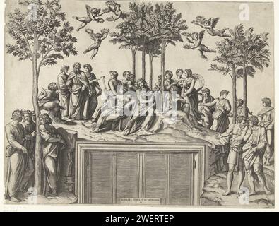 Apollo e Muzen sul Berg Parnaso, Anonimo, dopo Marcantonio Raimondi, dopo Rafaël, 1517 - 1570 stampa Apollo suona su un argano ed è circondato da nove muse sul monte Parnaso. I poeti discutono l'uno con l'altro e Putti distribuiscono corone di alloro. Sotto la stampa c'è un'iscrizione che si riferisce alla fonte di ispirazione per questa prestazione. Incisione su carta (storia di) Apollo (Phoebus). Le grandi dee del cielo e il loro treno Foto Stock