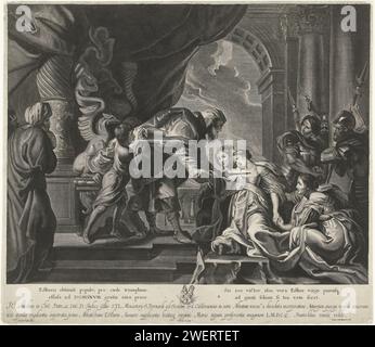 Ester per Ahasveros, Richard Collin, dopo Peter Paul Rubens, 1650 - 1679 stampa Ester collassa per il trono di re Ahasveros. Deve essere sostenuta da due servitori. Re Ahasveros la raggiunge. Sotto il ritratto un verso latino e un'arma episcopale. Incisione di carta Ester davanti ad Assuero (Ester 5:1-4) Foto Stock