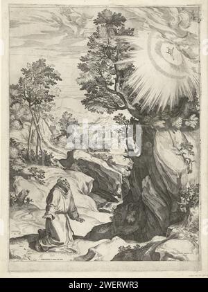 Paesaggio con la visione del Santo Francesco d'Assisi, stampa del 1575 sul Monte Alverna, Franciscus ha una visione di un Serafijn con sei ali. Franciscus vestito con un semplice monaco si inginocchierà e guarderà il Serafijn. Sullo sfondo un paesaggio con la San Damianokerk ad Assisi. Incisione di carta martirio, sofferenza, sfortuna, morte di San Francesco d'Assisi Foto Stock