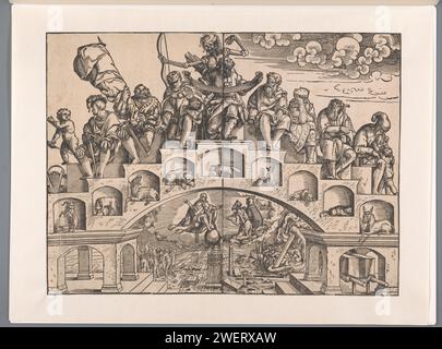 Levenstrap, Anonimo, Jörg Breu (il giovane), 1540 stampa Trade of Life with the Nine Lives of the man. Gli uomini sono seduti sui gradini in epoche diverse. Tra di loro, in una nicchia, sono accompagnati da un animale tipico della loro età: Una capra, un cinghiale, una mucca, un leone, una volpe, un lupo, un cane, un gatto e un asino. In cima alle scale, la vita dell'uomo è minacciata dalla morte, sotto forma di scheletro con arco e arco. Il giorno del giudizio è raffigurato sotto le scale. In basso a destra una bara su un bar. carta le età dell'uomo rappresentate da una scala Foto Stock