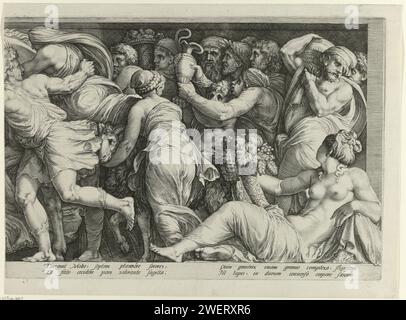 Frisone con la punizione di Niobe (tavola 8), Jan Saenredam, dopo Polidoro da Caravaggio, dopo Hendrick Goltzius, 1594 stampa The Banen Sacrifice Niobe. In basso a destra una donna che giace con il corno dell'abbondanza. La stampa ha una didascalia latina. Estremamente dritta di una stampa con un frisone da otto lastre incisioni di carta Niobe cerca di dissuadere le donne tebe dal venerare Latona, vantandosi della propria superiorità Foto Stock