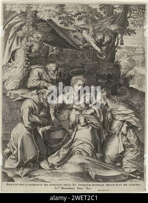 Matrimonio mistico di H. Catharina van Alexandria, Gijsbert van Veen, dopo otto van Veen, 1573 - 1628 stampa Maria con bambino in braccio, seduto in un paesaggio sotto una tettoia. Diagonalmente dietro di loro Joseph. Sulla destra, Santa Caterina si inginocchierà davanti al bambino di Cristo che le offre un anello. Sopra la sua testa, due angeli con una corona di alloro. I suoi attributi sono spada e ruota rotta sul pavimento. Sulla sinistra c'è San Francesco. Incisione di carta sul mistico matrimonio di San Caterina d'Alessandria con il Cristo bambino: Il Cristo bambino le mette un anello al dito. Fondatore dell'ordine di Foto Stock