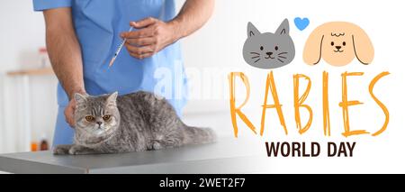Striscione di sensibilizzazione per la giornata Mondiale della rabbia con veterinario che vaccina il gatto Foto Stock