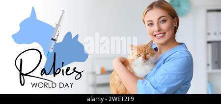 Banner di sensibilizzazione per la giornata Mondiale della rabbia con gatto e veterinario femminile Foto Stock