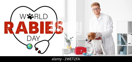 Banner di sensibilizzazione per la giornata Mondiale della rabbia con cane e veterinario maschile Foto Stock