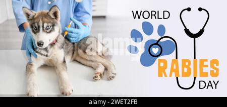 Banner di sensibilizzazione per la giornata Mondiale della rabbia con veterinario che vaccina il cucciolo Foto Stock
