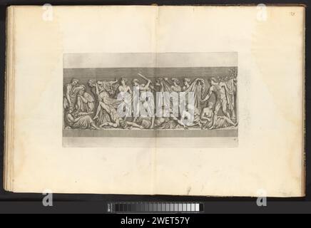 Tre Pieth Stallen, 1636 - 1647 stampa tre pietesten. Sulla stalla Pieth a sinistra due putti in lutto da uno stemma su un albero. Tengono abbassate le torce. Una sala da pranzo romana sulla stalla piercing centrale. Sulla scuderia Pieth a destra una donna seduta con un bambino al braccio e un bambino che sta con lei. La stampa fa parte di un album con una serie di stampe sulle sculture della collezione della Galleria Giustiniani a Roma. incisione di carta pezzo di scultura, riproduzione di un pezzo di scultura. piedistallo di un pezzo di scultura (forse sotto forma di un herm) Foto Stock