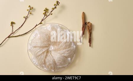 Vista dall'alto del nido di uccello crudo ordinato in vassoio, ginseng rosso su sfondo bianco. Cibo prezioso e sano, popolare in Corea, Cina e Asia Foto Stock