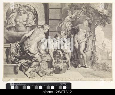 Erichthonius nel suo cesto, Pieter van Sompel, dopo Peter Paul Rubens, c. 1640 - c. 1670 stampare le tre figlie di re Cecrops aprono il cesto con Erichthonius affidato loro da Minerva. Un cane che brontola insieme quando vede le gambe del bambino, finendo con la coda di serpente. A sinistra una fontana con la rappresentazione di Diana van Efeso, che qui propone madre Terra (Gaea), la madre del Kleine Erichthonius. Sotto l'immagine un verso in latino del poeta polacco Maciej Kazimierz Sarbiewski. Scena dal Metamorphosen di Ovidio (con. II, 553-563). Incisione di carta Erichthonius, nascosta Foto Stock