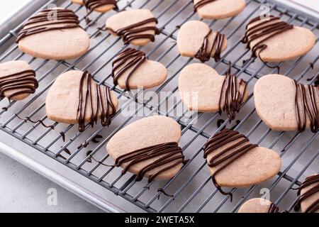 Biscotti a forma di cuore con sapore di fragola, conditi con cioccolato fondente su una griglia di raffreddamento Foto Stock