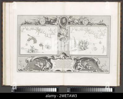 Mappe dell'Armada spagnola (21 e 22 luglio 1588), 1739 stampano due mappe (III-IV) con la flotta spagnola e inglese nel canale sotto la costa della Cornovaglia e del Devon, all'interno di un quadro ornamentale. In cima alla cornice un medaglione con il ritratto di Charles Howard, Lord High Admiral, affiancato dalle personificazioni della prudenza, raffigurato con due facce, e coraggio. Tra le armi di lance e striscioni, una moneta commemorativa con due navi da una parte e dall'altra la Wapen van Zeeland. Sotto il ritratto di Charles Howard, Victoria siede su una nuvola. Nella mano destra ha un laure Foto Stock