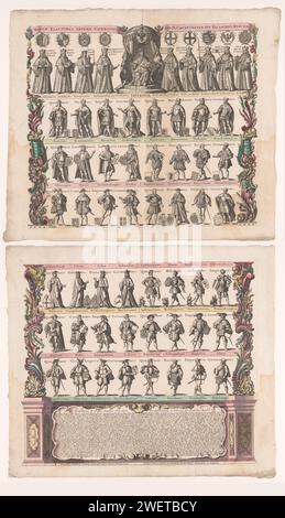Panoramica della gerarchia nel Sacro Romano Impero, Matthaeus Seutter (III) (possibile), 1688 - 1757 stampato sotto un cartiglio con una descrizione estesa in latino e tedesco. L'incisione della carta in ordine gerarchico. cuscinetto araldico. imperatore. Organizzazione, funzionari e dignitari nella chiesa cattolica romana; clero in generale. organi governativi e rappresentativi Foto Stock