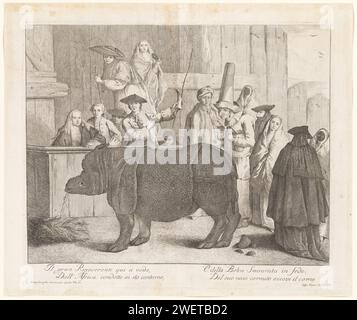 De Neusho Remara in Veneti, Afle Alexander Longhi, dopo Joseph Wagner, c. 1751 - c. 1755 stampare il rinoceronte Clara presentato come mostrato a Venezia in una sorta di menagerie. Il suo supervisore mostra un bastone e il suo corno nella mano destra. Gli spettatori di sesso maschile e femminile indossano abiti veneziani e alcune maschere e costumi di carnevale. Uno spettatore è vestito come un Pagliaccio. animali a zoccolo con incisione di carta: rinoceronte. animali da circo. Carnevale, Shrovetide (celebrazione non liturgica) Venezia Foto Stock