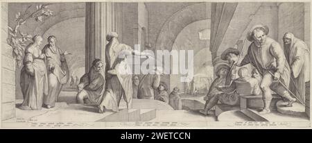 Culto di De Herders, Jan Saenredam, dopo Karel van Mander (i), 1601 - 1652 stampa sul davanti alcuni pastori in uno spazio a volta. Nel mezzo dietro ancora più pastori intorno a Maria, Giuseppe e il Christkind. Sotto lo spettacolo un testo latino a sei righe con una spiegazione della scena. Incisione di carta adorazione del Cristo bambino da parte dei pastori; Maria e Giuseppe presenti Foto Stock