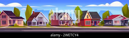 Paesaggio suburbano con casa di campagna sulla strada con cortili e alberi, strada e vialetto d'accesso contro la silhouette di alti edifici della città. Cartone animato ve Illustrazione Vettoriale