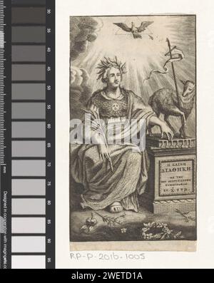 La fede accanto all'altare con agnello sul libro con i sette francobolli, Anonymous, 1740 stampa la personificazione della fede con corona di alloro, ramo di palma e sole sul petto è accanto ad un altare con il titolo di libro greco. Sull'altare l'agnello con la preminenza sul libro con i sette francobolli. Nell'aria un piccione in un triangolo e una corona di getti come simbolo dello Spirito Santo. Incisione/incisione Faith, "Fides"; "fede", "fede catholica", "fede christiana", 'fede christiana catholica' (Ripa)  una delle tre virtù teologiche. agnello con croce o striscione, 'Agnus dei'  simbolo di Cristo. la visione Foto Stock