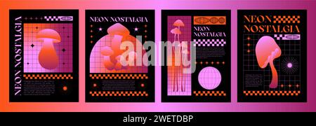 Modello poster in stile retrò Y2K con funghi ed elementi a griglia in colore nero e rosa acido gradiente brillante al neon. banner estetico streetwear anni '2000 Illustrazione Vettoriale