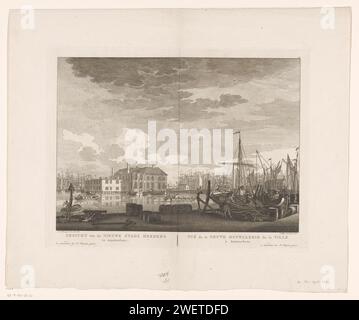 Vista del Nieuwe Stadsherberg ad Amsterdam, Caspar Jacobsz. Philips, dopo Jan de Vlaming, stampa 1768 - 1783 veduta del Nieuwe Stadsherberg sull'IJ (vicino al Martelaarsgracht) ad Amsterdam, vista dalla banchina. Sotto lo spettacolo il titolo in olandese e francese. Numerato in alto a destra: 27. hotel per incisioni/incisioni su carta, ostello, locanda. navi (in generale). harbor. molo, banchina, molo New Stadsherberg. IJ Foto Stock