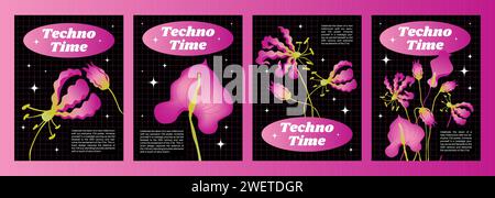 Poster o copertina Y2K con fiori rosa brillante e cornice di testo su sfondo nero. Illustrazione vettoriale del modello di banner verticali con elementi Illustrazione Vettoriale