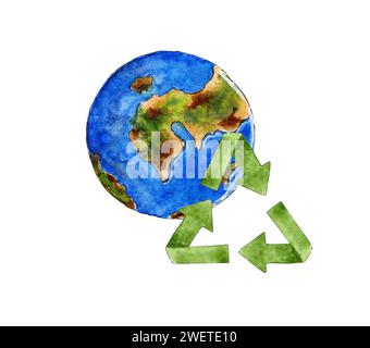 Illustrazione ad acquerello del pianeta blu terra e del segnale verde di riciclaggio dei rifiuti. Giornata della Terra. Protezione dell'ambiente. Symbol riutilizza il design ecologico. Isolato Foto Stock