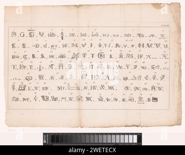 Monogrammi, figure e iniziali di pittori e incisori, anonimi, in o prima del 1770 - 1771 stampano sei righe con monogrammi, figure e iniziali di pittori e incisori. Numerati da 1 a 59. combinazioni di lettere per incisione su carta, ad esempio lettere, anagrammi, quadrate, monogrammi, ecc. iniziale Foto Stock