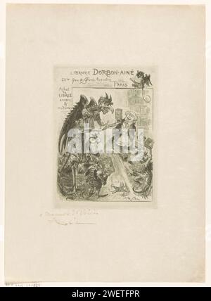Biglietto da visita da Bookstore Borbon -Inainé a Parigi, 1901 - 1924 stampa interno di una libreria con un diavolo al centro con zampe di gallo, coda, ali e corna che un libro offre a un libraio che si trova su un foglio della biblioteca per una libreria. Nella stanza si considerano altri diavoli o figure di fantasia che la maggior parte dei quali contengono libri. Carta giapponese (carta fatta a mano) incisione/bottega di libri a secco, libraio. libro. scaffali. diavolo(i) e demoni Foto Stock