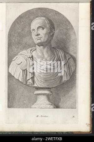 Buste Van Marcus Junius Bruto, Hubert, Argento, 1646 - 1670 stampa Busto classico di un giovane uomo. In basso a destra: M. de print fa parte di un album con una serie di stampe sulle sculture della collezione di Gerard Reynst. incisione di carta pezzo di scultura, riproduzione di un pezzo di scultura Foto Stock