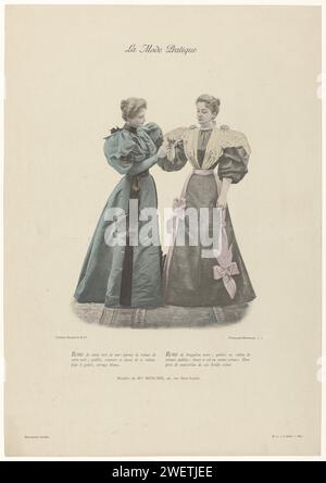 Moda pratica1894, 3° anno, No. 51: Abito in raso verde (...)., 1894 donna (sinistra) in abito di raso verde mare guarnito con nastro di raso nero; suggestivo, cintura e rosette di nastro idem. Gonna con barbabietole e corpo arrosto. Donna (a destra) in un vestito di Bengalina nera (seta); gesti di nastro di velluto rosa. Rosette e colletto in velluto idem. Manicotti a palloncino (?). Draperie di crema ricamata - mousseline di seta colorata. Modelli di Muslard. Stampa dalla rivista di moda la Mode Pratique (1891-1938). lastre di moda per collotipi di carta. abito, abito (+ abiti da donna). bordo, nastro, treccia ( Foto Stock