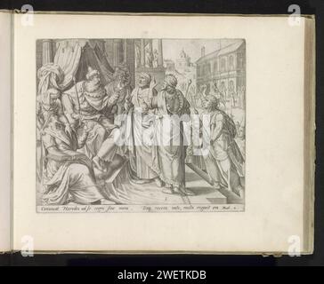 I tre re visitano Erode, Johann Sadeler (i), dopo Gerard van Groeningen, nel 1585 stampano i tre re visitano il re Erode e gli chiedono dove possono trovare il neonato re degli ebrei. Sotto lo spettacolo un riferimento in latino al testo biblico in MAT. 2. Questa stampa fa parte di un album. Incisione di carta prima visita dei tre saggi al re Erode Foto Stock