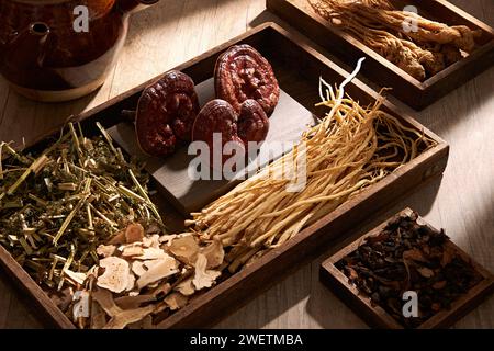 Le medicine naturali, rare e sane sono poste su vassoi di legno su fondo marrone del tavolo. La medicina tradizionale cinese è utilizzata nella prevenzione e t Foto Stock