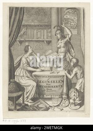 Rappresentazione allegorica con filosofia e Minerva, Anonymous, 1690 stampa filosofia, sotto forma di una donna con una stella sulla testa, siede a un tavolo e scrive in un libro. Di fronte a lei c'è una donna con elmetto, forse Minerva e un ragazzo guardano un Arillarium. Alla partenza ci sono dei libri su uno scaffale e una mappa del mondo è appesa al muro. In primo piano un globo e strumenti di misurazione. Incisione su carta "Philosophia"; "Philosophia" (matura). (Storia di) Minerva (Pallas, Atena) Foto Stock