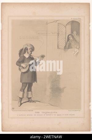 Cartone animato con Sir Robert Inglis nel ruolo di Troubadour, John Doyle, 1845 stampa Cartoon del 1845 con Sir Robert Inglis che porta la giovane donna insoddisfatta Inghilterra (Benjamin Disraeli) un aubade o serenata come un trovatore. Pubblicato come n.. 836 nella serie HB Sketches. carta minstrel, "jongleur". serenata all'amata. caricature politiche e satire Foto Stock
