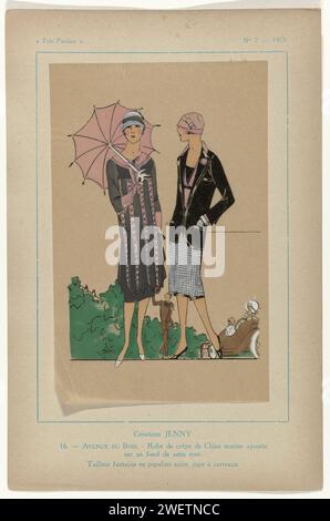 Molto parigino, 1925, n. 7, PL. 16: Creazioni Jenny - Avenue du Bois, 1925 due modelle della casa di moda Jenny. crêpe de Chine e Tailleur di Black Popeline su una gonna a scacchi. Stampa dalla rivista di moda Très Parisien ... La Mode, le Chic, l'élégance (1920-1936), stampa di carta letterpress. abito, abito: abito da giorno (+ abiti da donna). Gruppi di capi di abbigliamento (TAILLEUR) (+ abiti da donna). ombrellone, parasole (+ abiti da donna) Foto Stock