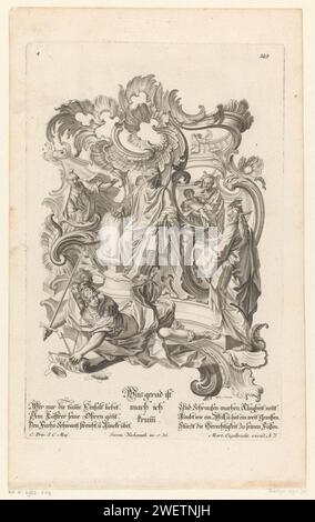 Lupo e giustizia, 1721 - 1756 stampa Un lupo siede su un trono in un ornamento di rocaille. A sinistra accanto a lui c'è una figura con due serpenti, una rana e una candela. A destra del lupo ci sono un vecchio con un cappello e un bambino sul braccio e un vecchio con la barba, una molla nei capelli, un fascio e una chiave. In primo piano, una personificazione della giustizia con una spada e una scala cade a terra. Due colonne con un testo tedesco a tre righe nel margine inferiore. Stampa il numero 349. Cartaceo Beasts of Prey, animali predatori: Wolf. Animali che agiscono come esseri umani. Giustizia; 'forza alla giustizia Foto Stock