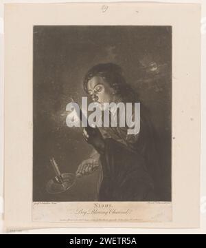 Boy soffia contro una torcia di carbone, Richard Purcell, dopo Godfried Schalcken, 1746 - 1794 incisione di carta stampata che soffia (agitando un fuoco). notte. giovani, adolescenti. guance arrotondate Foto Stock
