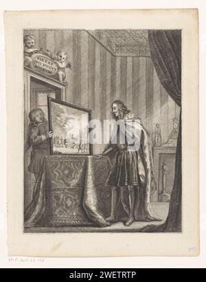 L'arciduca Leopold Willem van Austria guarda un dipinto, stampa del 1667 l'arciduca Leopold guarda un dipinto che è posto su un tavolo da un servo. Sopra la porta due putti con un motto in latino, dietro l'Arciduca un camino con alcune immagini. raccolta di opere d'arte per incisione su carta. immagine, pittura. persona che stimola le arti; amante dell'arte, conoscitore, maecenas, mecenate Foto Stock