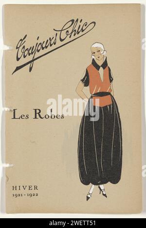 Abiti invernali sempre chic 1921-1922, 1921 - 1922 titolo "Toujours chic: les Robes" e immagine di un abito nero con corpo rosso. Pagina dal catalogo 'Toujours Chic' in cui una panoramica della moda invernale 1921-1922 nel 80 viene stampata in Pochoir Techniek. carta letterpress stampa di piatti di moda. abito, abito (+ abiti da donna) Foto Stock