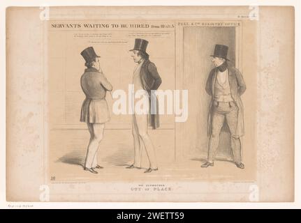 Per l'ufficio di Robert Peel, John Doyle, 1844 stampa Cartoon on on English Domestic Politics nel 1844 in cui Benjamin Disraeli e un altro uomo aspettano come cercatori di lavoro e sperano di essere assunti come servitori attraverso l'ufficio del primo ministro Robert Peel. Pubblicato come n.. 814 nella serie HB Sketches. caricature politiche e satire cartacee Foto Stock