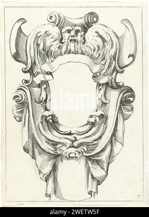 Foglia della serie con cartigli, stampa 1642 settima stampa da una serie di dodici copie a una serie con cartigli. Tappeto decorato con drappeggi e coronato da una maschera. ornamento per incisione carta  cartiglio Foto Stock