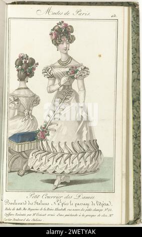 Piccola posta delle signore, 25 febbraio 1827, No. 451: Tulle dress. La regina Elisabetta conserva ..., 1827 donna in piedi con un abito dei "Magasins de la Reine Elisabeth". Coiffure eseguita da Croizat, decorata con una ghirlanda 'à la Grecque' di Mr Cartier. Ho visto lo stesso vestito sul retro. Stampa dalla rivista di moda Petit Courrier des Dames (1821-1868). Legato (con qualche pp. Le Journal des Dames et des Modes). Dal 15 gennaio 1827 al 20 marzo 1830. Incompleto. lastre di moda per incisioni in carta. abito, abito (+ abiti da donna). collana (+ abiti da donna). Guanti, guanti (GUANTI LUNGHI) (+ donna Foto Stock