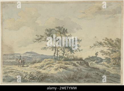 Paesaggio con ciclista e pedonale, 1781 - 1822 stampa Un paesaggio collinare con una festa sugli alberi nel mezzo. Sul sentiero c'e' un uomo con un braccio enorme accanto ad un uomo a cavallo. Dall'altra parte dell'albero fate festa un camminatore con un bastone in mano. carta. acquerello (vernice) antiscivolo/incisione "in viaggio", viaggiatore in viaggio. bassa collina (+ paesaggio con cifre, personale) Foto Stock