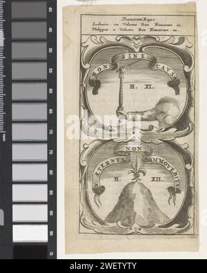 Braccio reale con scettro e spada / giglio francese su una montagna, anonimo, dopo Aegidio Sadeler (II), 1666 stampare un emblema con due esibizioni. Sopra un braccio vestito in manica con un giglio francese. Il braccio reale ha uno scettro. Lo scettro ha una spada. Sotto una montagna su cui un giglio francese. Questi sono i precursori del re Luigi II e di Filippo II di Francia. incisione su carta/stampa su carta scorpioni. montagne. posture e gesti di braccia e mani Foto Stock