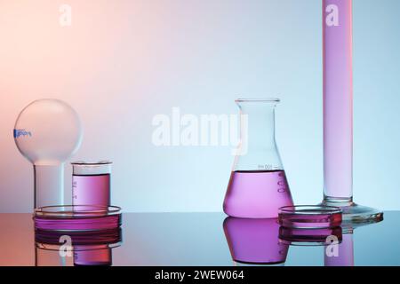 Tema di laboratorio con apparecchiature di laboratorio: Matraccio di erlenmeyer, provetta, piastra di Petri e pallone di ebollizione riempito di liquido viola su sfondo gradiente. Spazio per Foto Stock