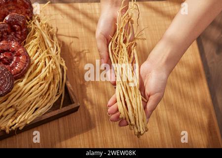 Vista dall'alto di due mani femminili che tengono la radice di pilose asiabell su sfondo marrone. Codonopsis pilosula e fungo lingzhi su vassoio di legno Traditi Foto Stock