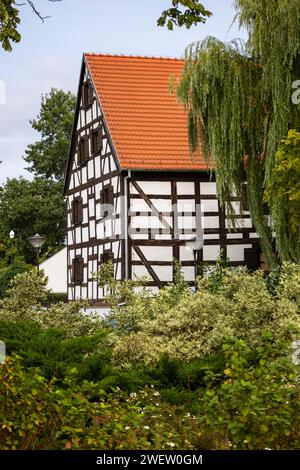 Uno splendido edificio medievale con un tetto in piastrelle rosse tra alberi verdi Foto Stock
