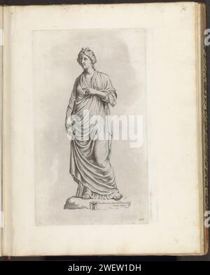 Statua di una donna in piedi che punta con la mano sinistra, stampa 1636 - 1647 Statua di una donna in piedi che punta con la mano sinistra. Alla base lo stemma di Vincenzo Giustiniani. La stampa fa parte di un album con una serie di stampe sulle sculture della collezione della Galleria Giustiniani a Roma. incisione di carta pezzo di scultura, riproduzione di un pezzo di scultura. donne di storia classica Foto Stock