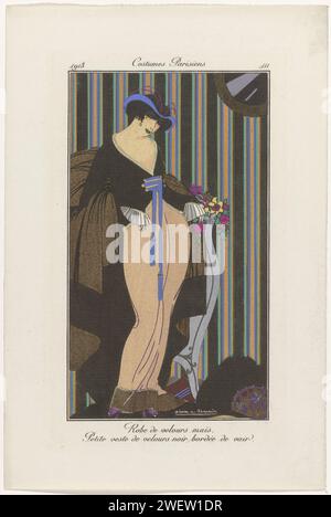 Diario delle signore e della moda: The Fashion Illustrators, 1913 abito di velluto color mais. Giacca corta in velluto nero rifinita in pelliccia. Stampa dalla rivista di moda Journal des Dames et des Modes (1912-1914). lastre di moda per incisioni in carta. cappotto (+ abiti da donna). cappotto (+ pelliccia utilizzata per i vestiti). abito, abito (+ abiti da donna). copricapo: cappello (+ abiti da donna) Foto Stock